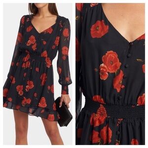 Intermix /  Kayla dress navy blue ruched v-neck long sleeve silk poppy floral 4